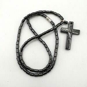 Polished Hematite Beaded Cross Necklace Y2K Spiritual Jewelry‎ 16